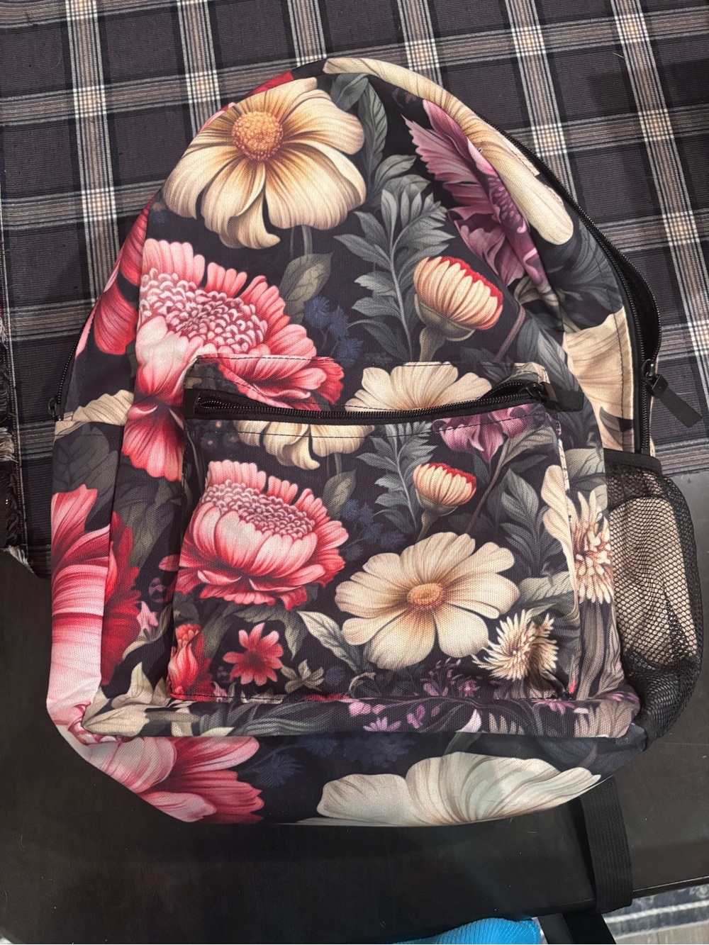 Floral Print Women's Backpack - Black with Pink & Cream Flowers